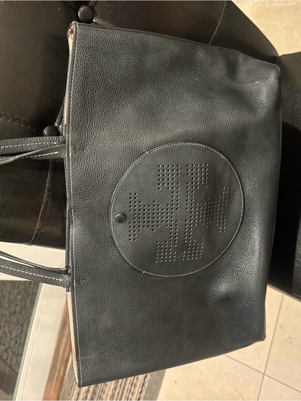 Tory Burch Black Leather Logo Tote Bag with Perforated Logo Detail